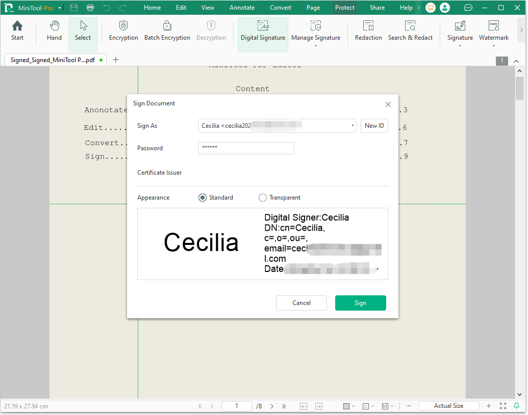The Sign Document interface with the selected Sign option.