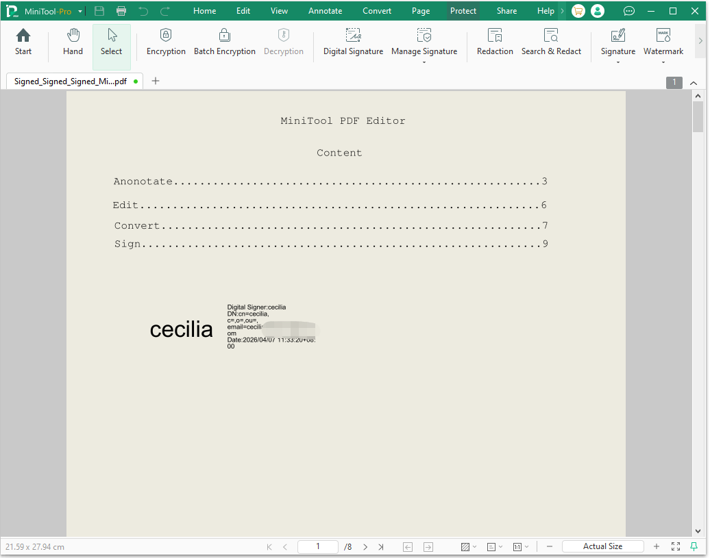 The MiniTool PDF Editor interface showing the digital signature.