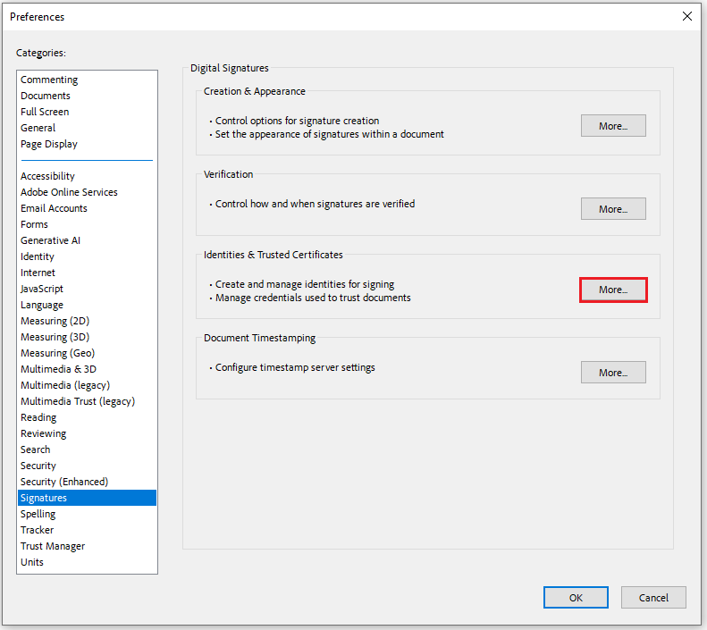 The Preferences interface with the selected More option next to Identities and Trusted Certificates.