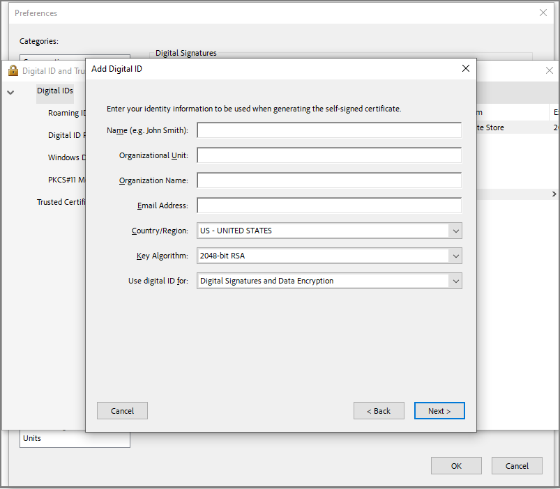 The Add Digital ID interface to fill in the relevant information.