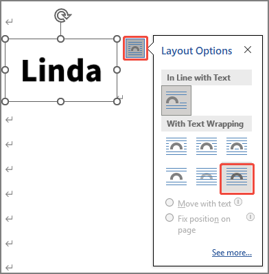 The Word image Layout Options menu with the selected In Front of Text option.