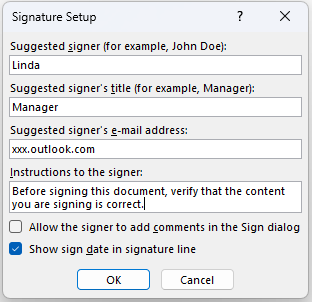 Word Signature Setup window.
