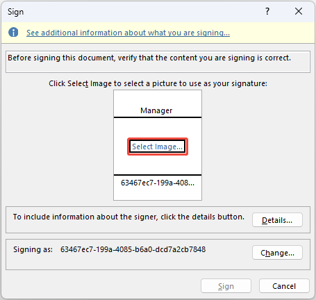 Word Signature Sign window with the selected Select Image button.