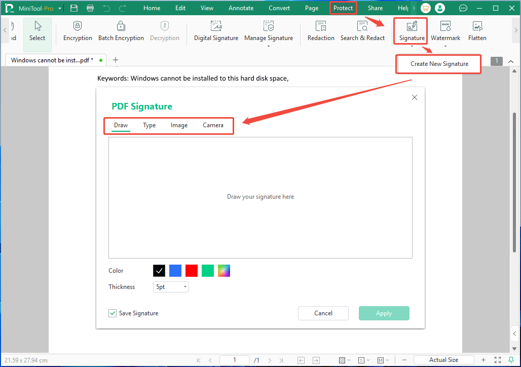 MiniTool PDF Editor interface with the PDF Signature window.