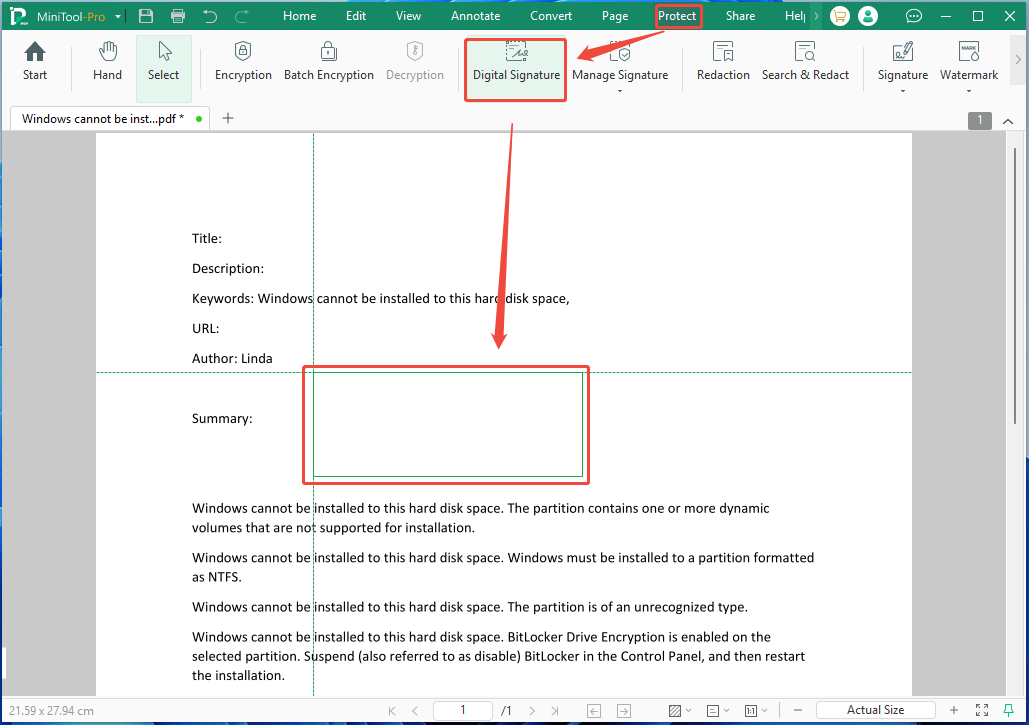 MiniTool PDF Editor interface with the selected Digital Signature feature.