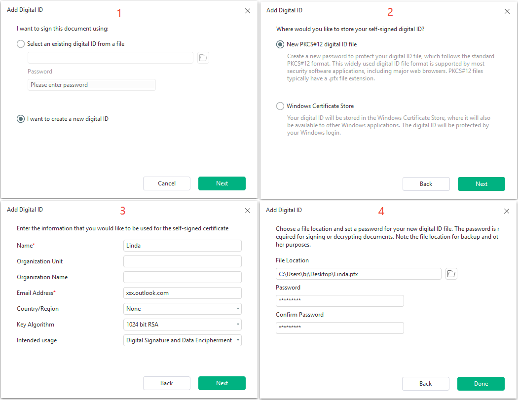 MiniTool PDF Editor Add Digital ID windows showing how to create a new signature.
