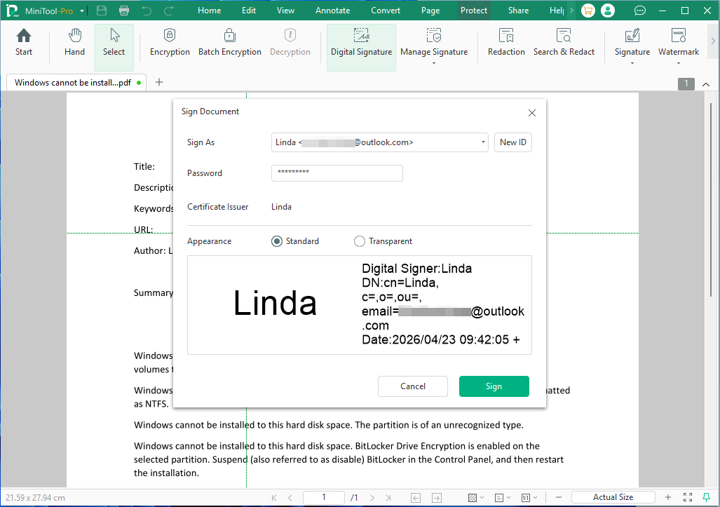 MiniTool PDF Editor interface with the Sign Document window.