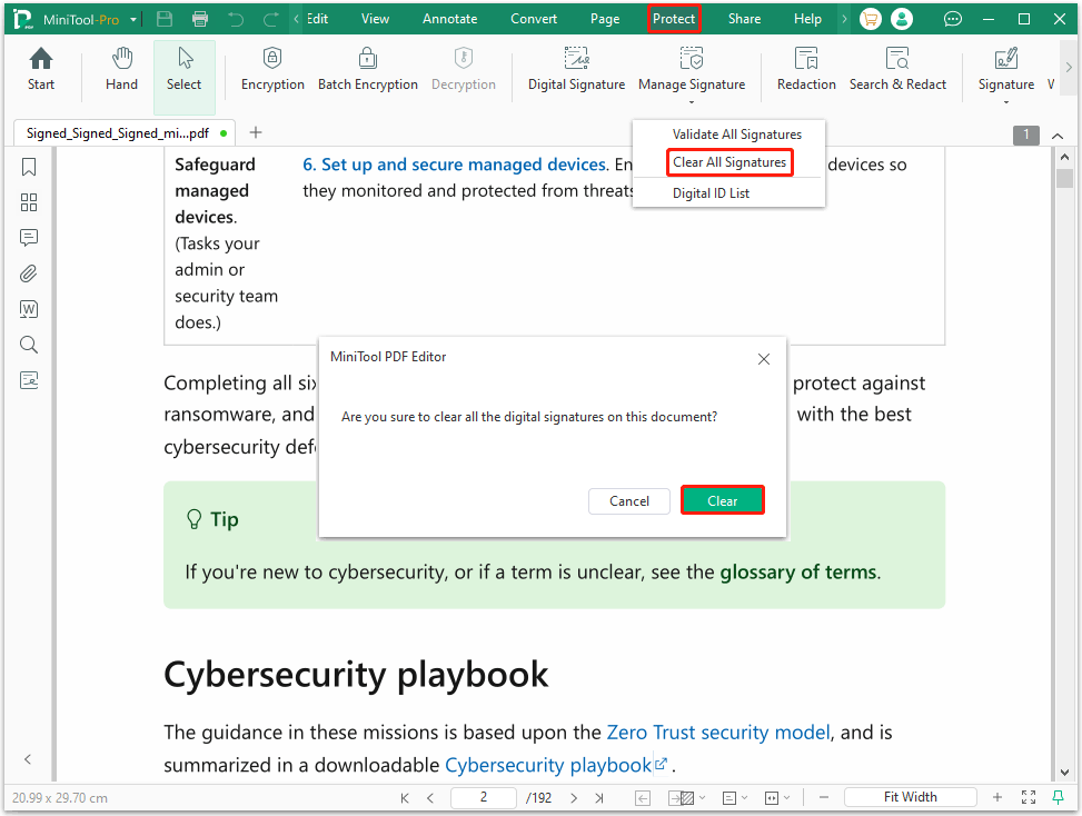 The MiniTool PDF Editor interface with the Protect, Clear All Signatures, and Clear options selected.
