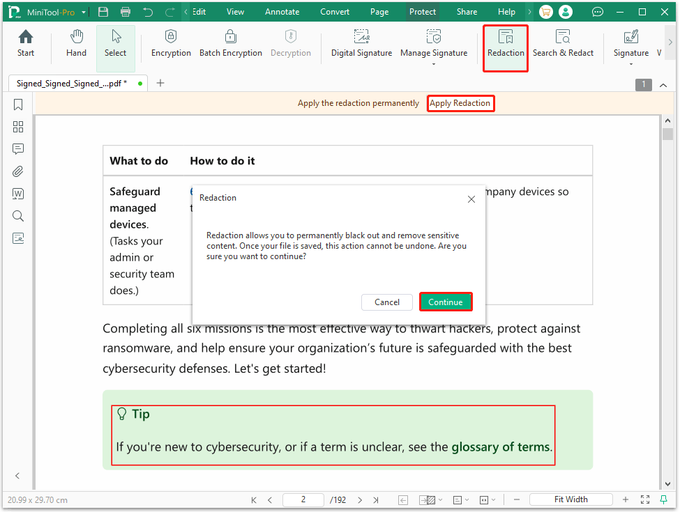 The MiniTool PDF Editor interface with the Redaction, Apply Redaction, and Continue options selected.