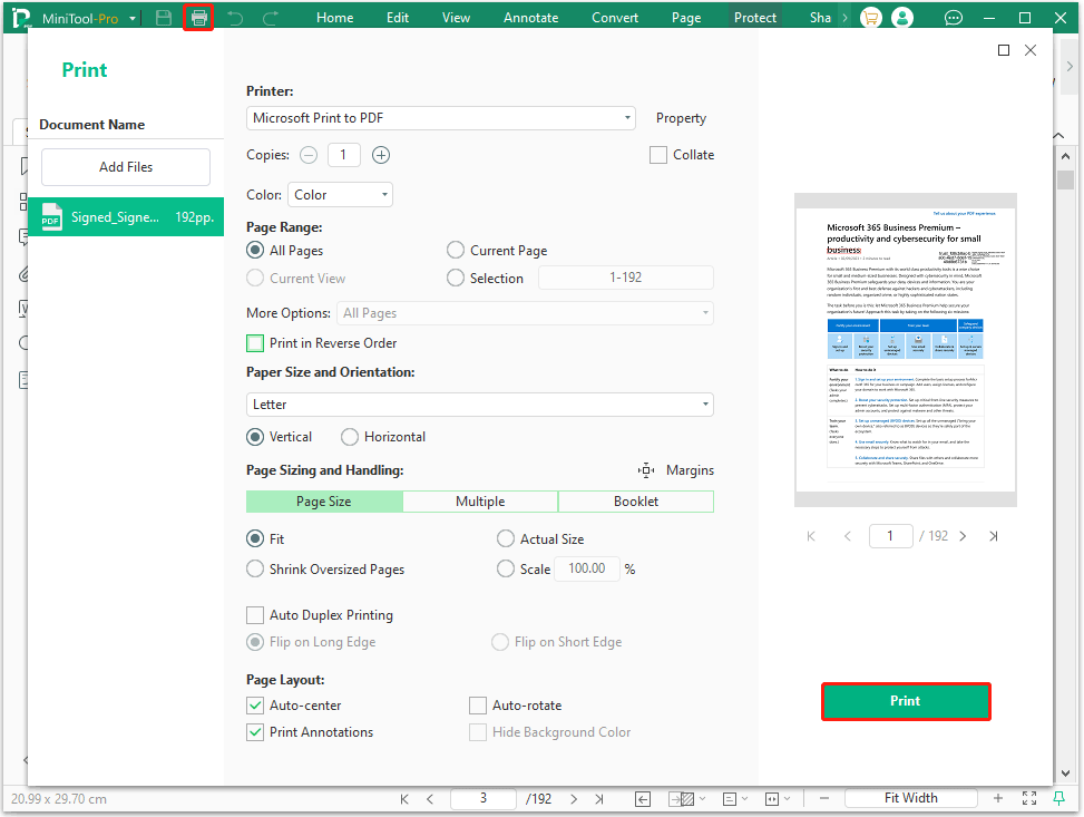 The MiniTool PDF Editor interface with the Print icon and the Print option selected.