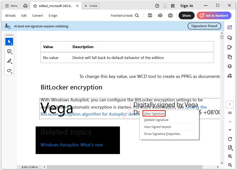 The Adobe Acrobat interface with the Clear Signature option selected.