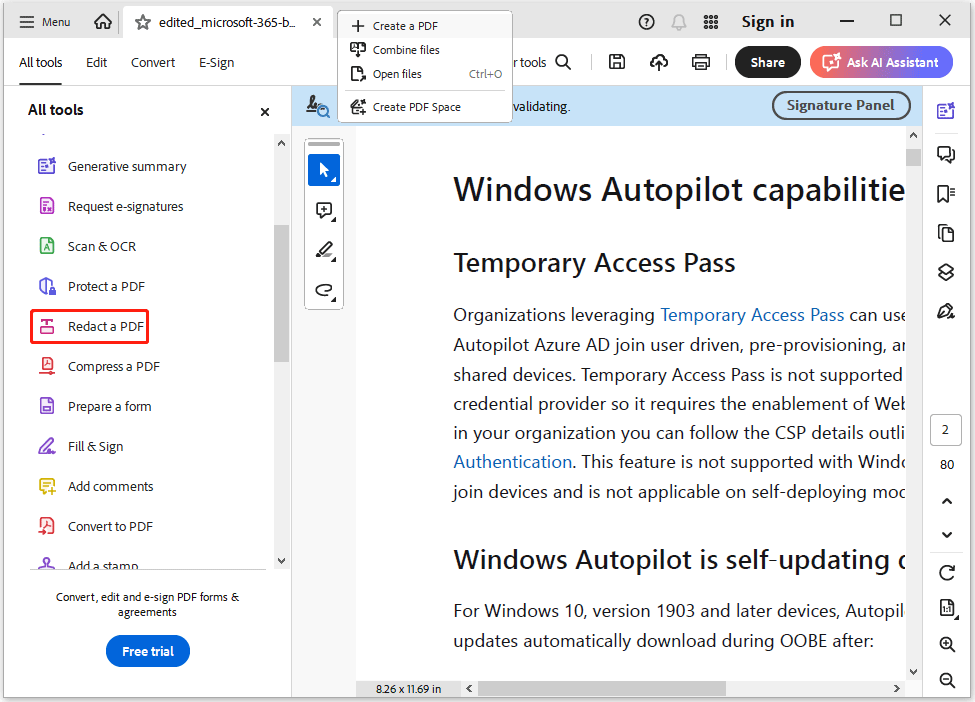 The Adobe Acrobat interface with the Redact a PDF option selected.
