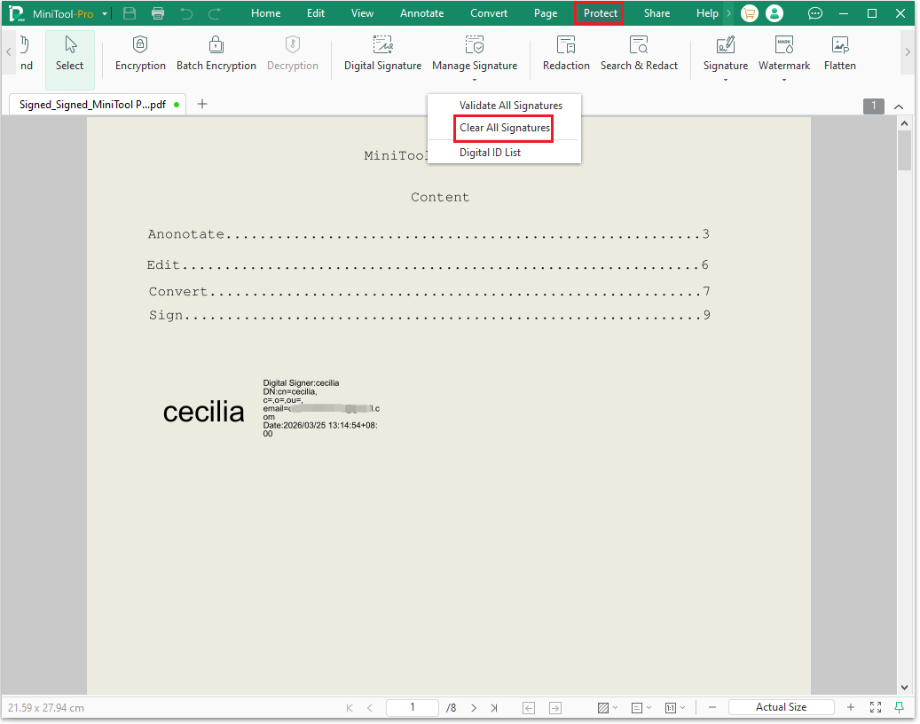 The MiniTool PDF Editor Protect interface with the selected Clear All Signatures option.