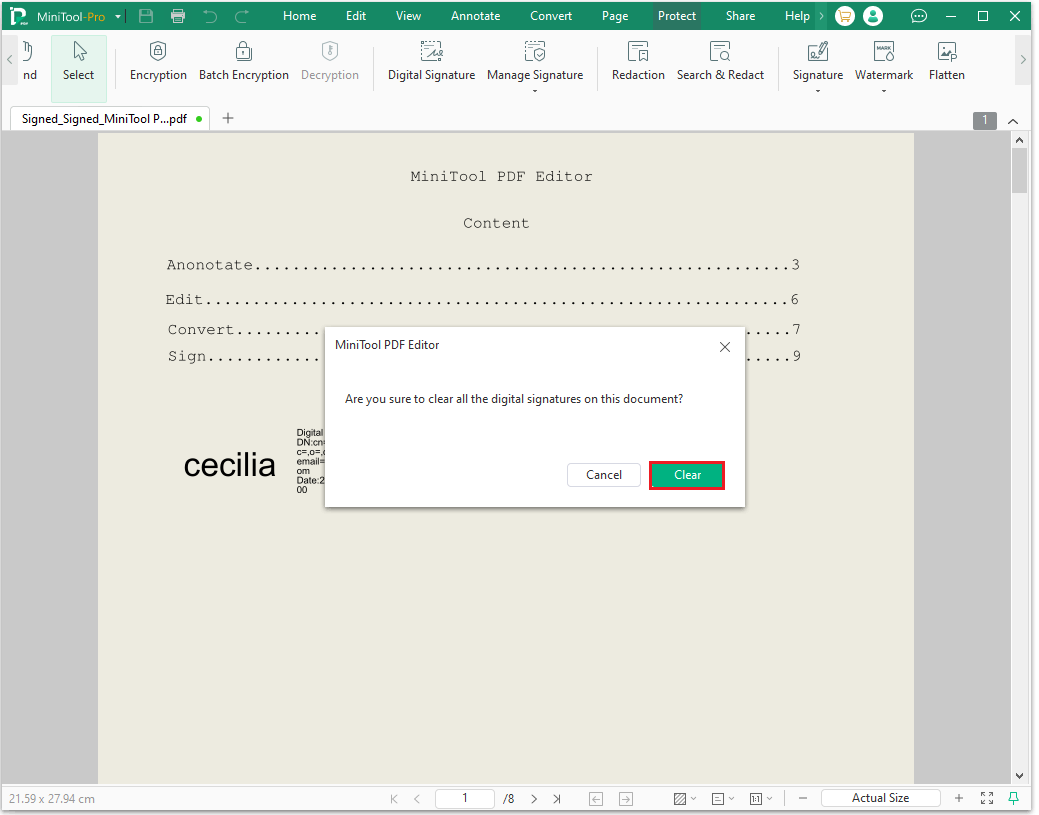 The MiniTool PDF Editor Clear All Signatures interface with the selected Clear option.