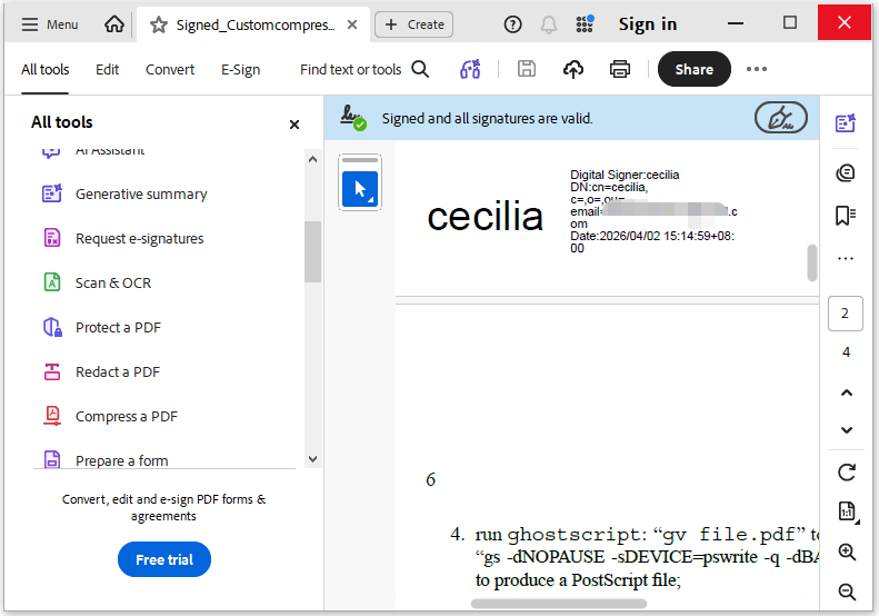The Adobe Acrobat interface with the digital signature.