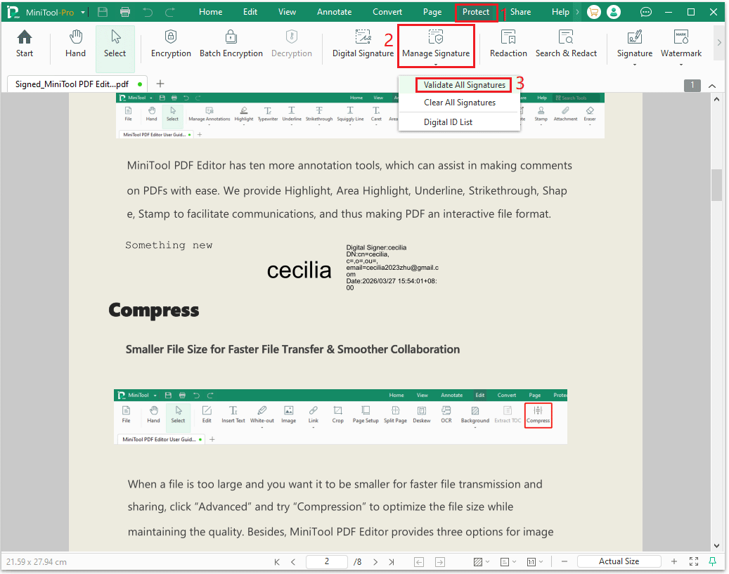 The MiniTool PDF Editor Protect interface with the selected Validate All Signature.