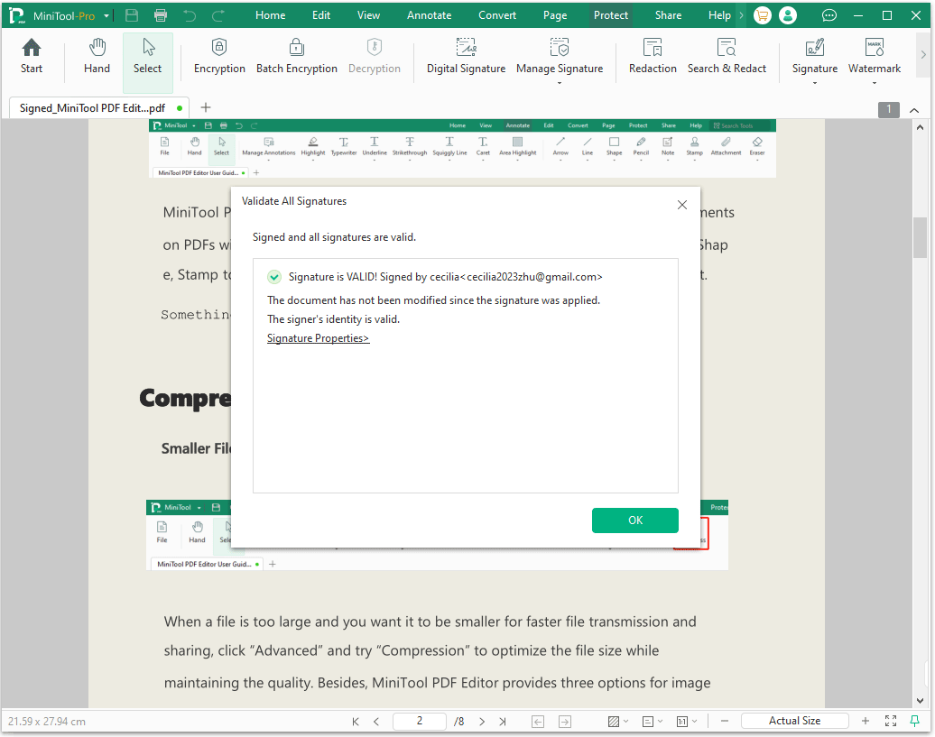 The Validate All Signature interface with the selected OK option.