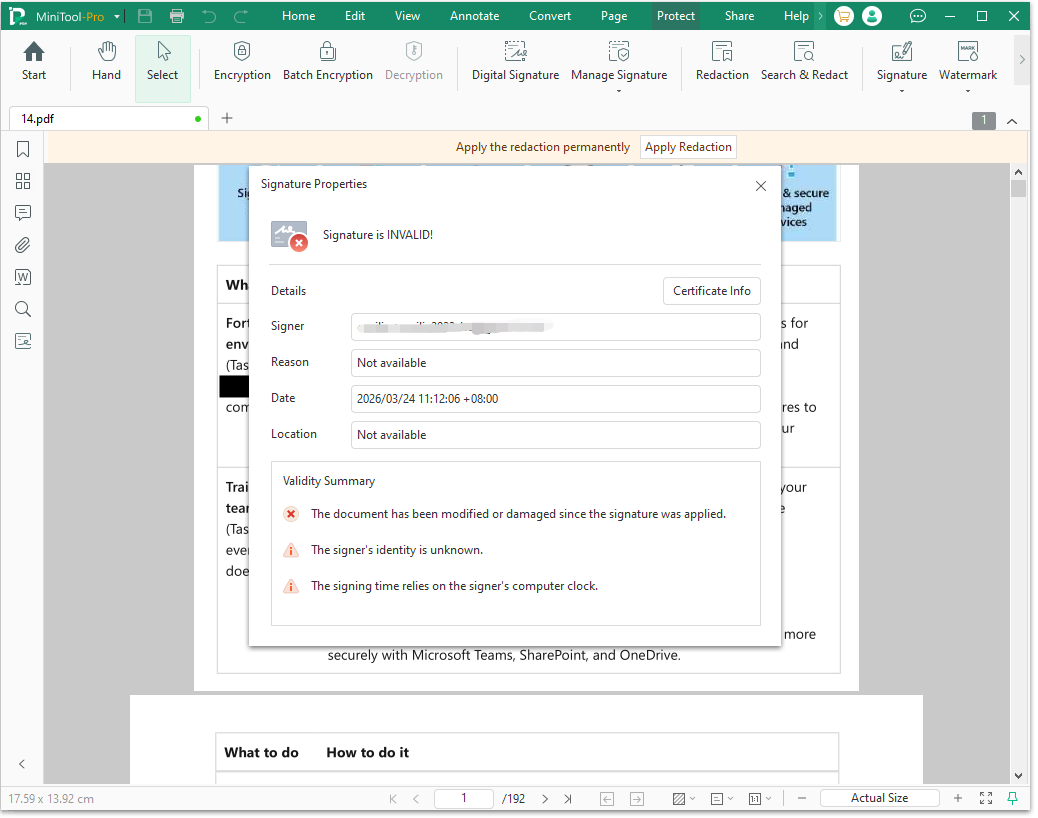 The Signature Properties interface showing the reason that the signature is invalid.