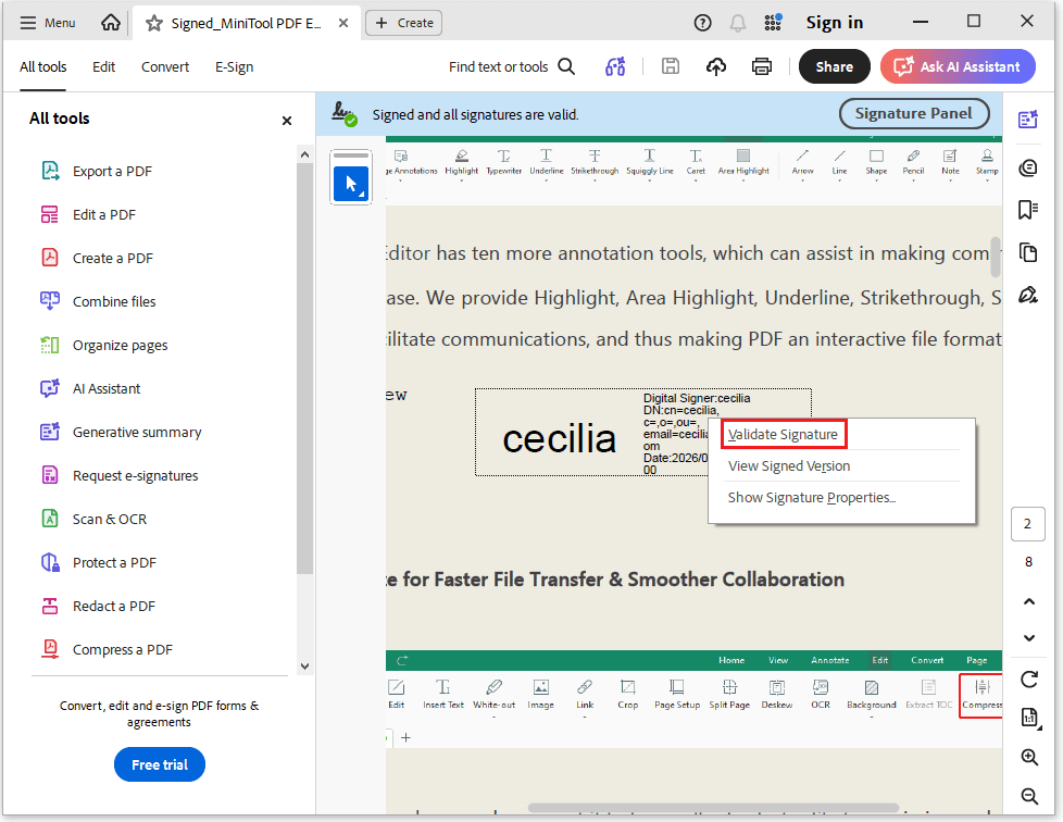 The Adobe Acrobat interface with the selected Validate Signature option.