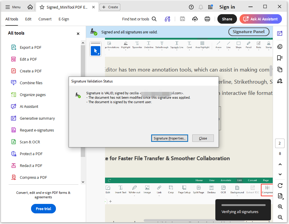 The Signature Validation Statue interface with the selected Signature Propertiesoption.