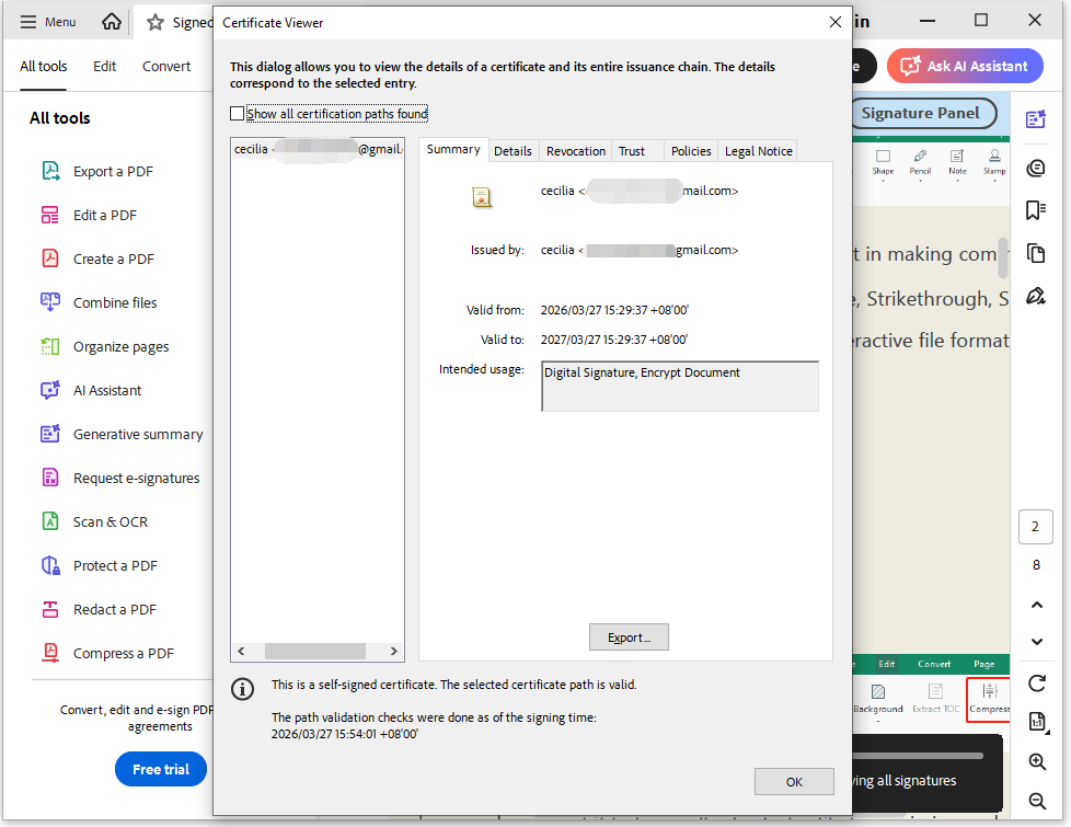 The Certificate Viewer interface to show more information about the signature.