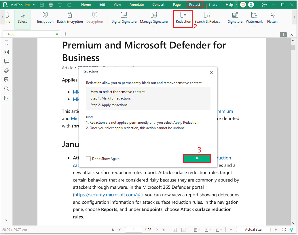 The MiniTool PDF Editor Redaction interface with the selected OK option.