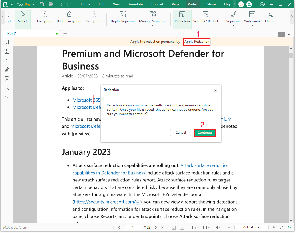 The MiniTool PDF Editor Redaction interface with the selected Apply Redaction option.
