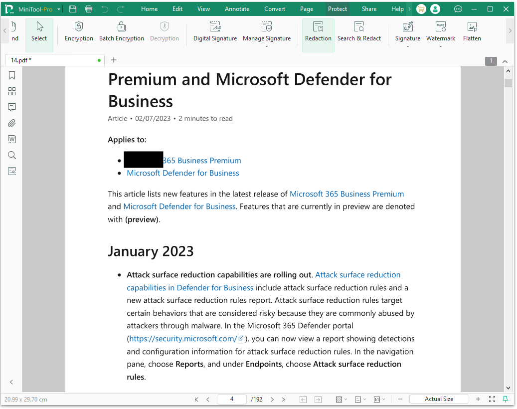 The MiniTool PDF Editor interface with the redact area.