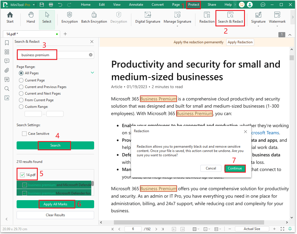 The MiniTool PDF Editor Search and Redact interface with the selected Continue option.