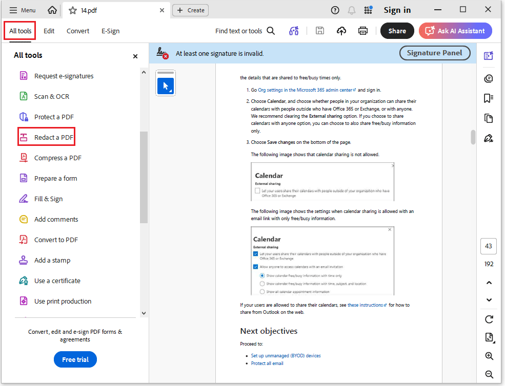 The Adobe Acrobat interface with the selected All tools and then the Redact a PDF option.