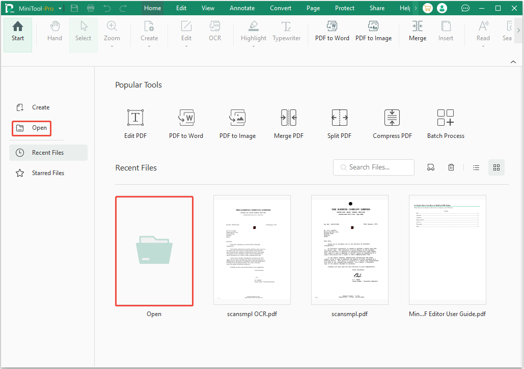 MiniTool PDF Editor interface with the selected Open option.
