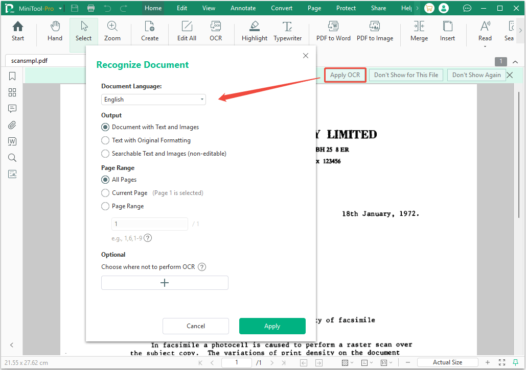 MiniTool PDF Editor interface with the selected Apply OCR button and the Recognize Document window.