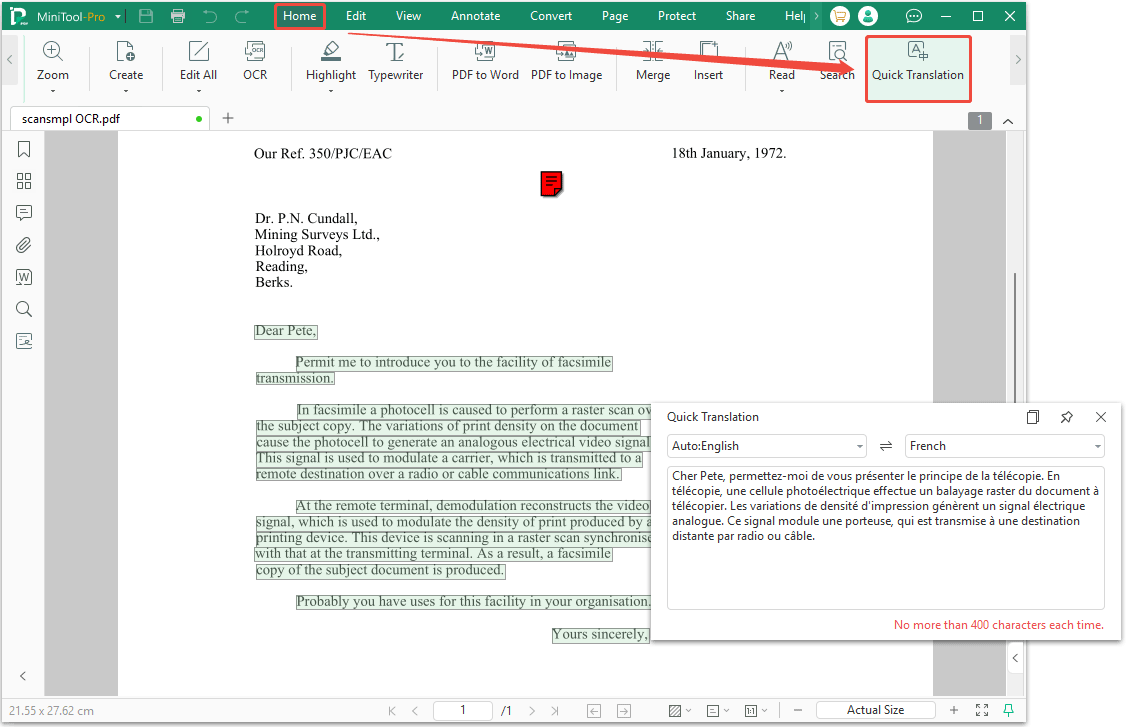 MiniTool PDF Editor interface with the selected Quick Translation option and the Translation window.