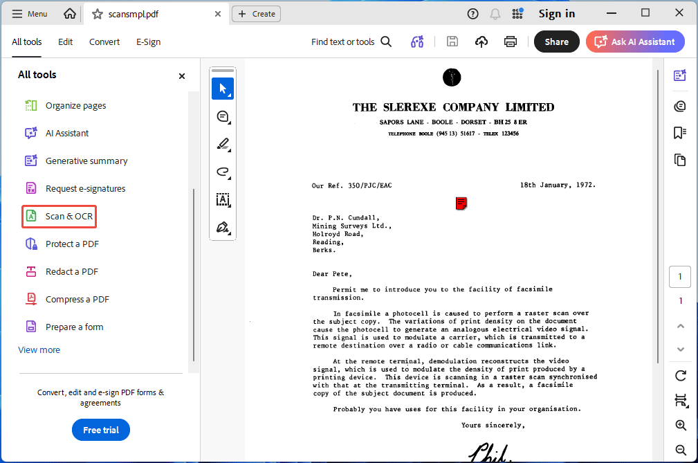 Adobe Acrobat interface with the selected Scan and OCR feature.