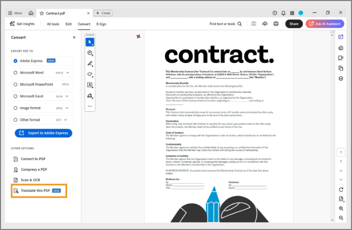 Adobe Acrobat interface with the selected Translate this PDF feature.