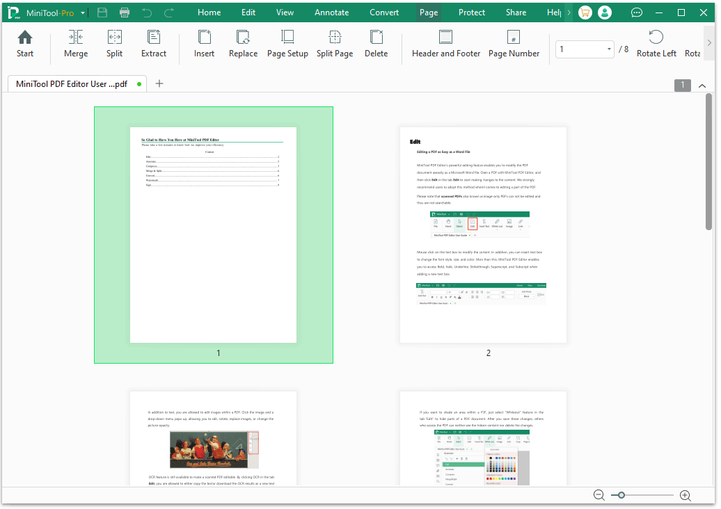 The MiniTool PDF Editor interface with the selected Page and then the Merge option.