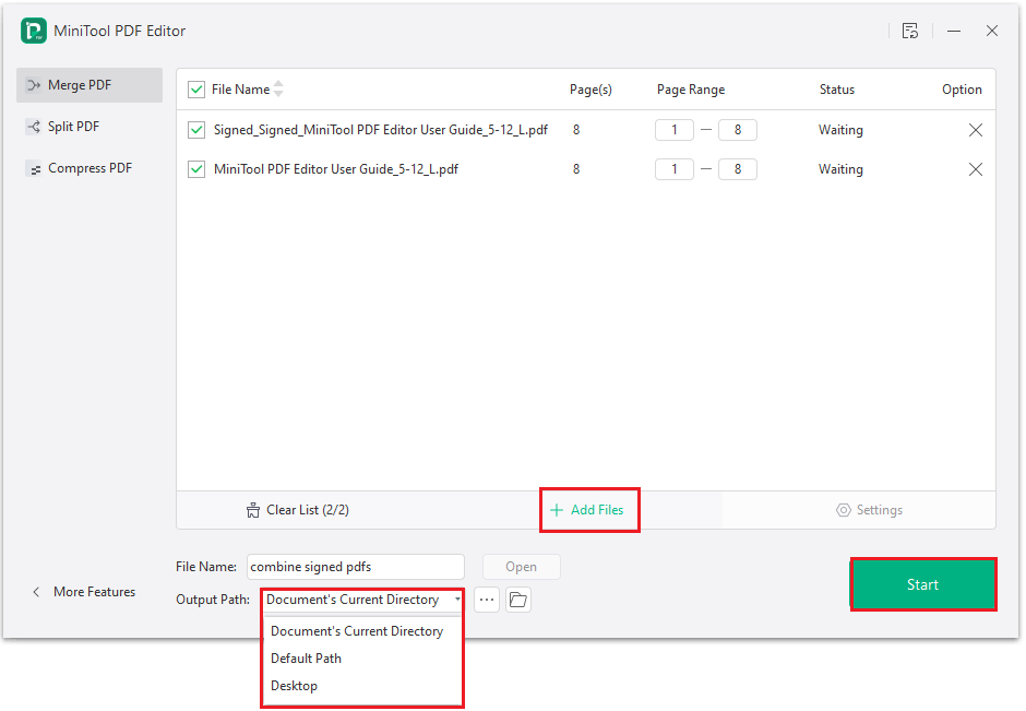 The Merge PDF interface with the selected Start option.