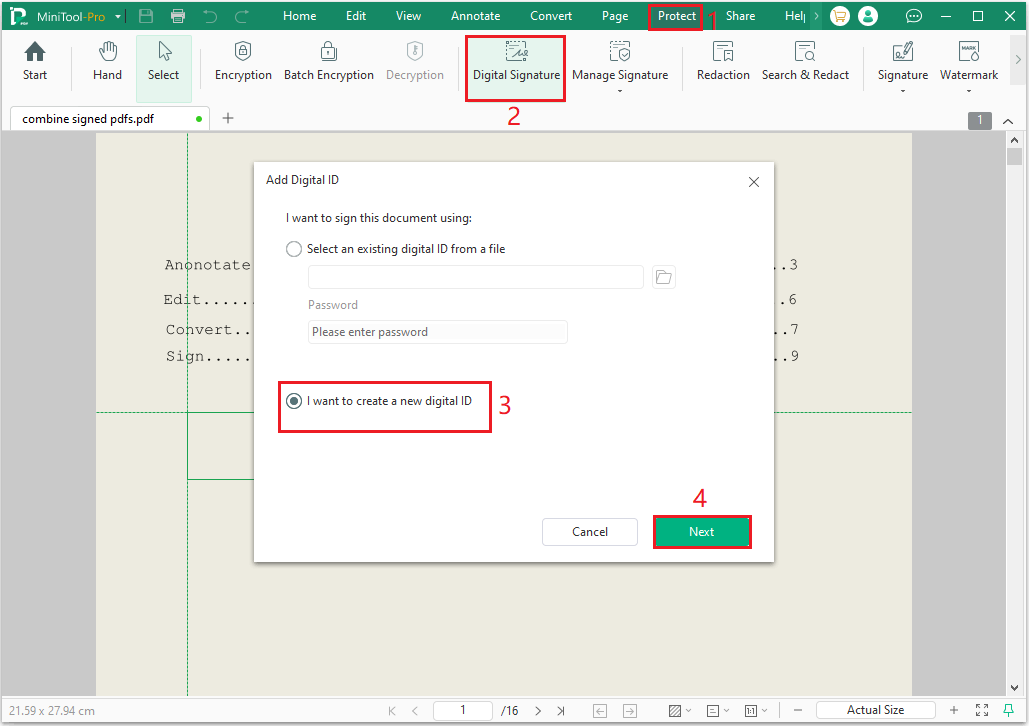 The MiniTool PDF Editor Add Digital ID interface with the selected Next option.