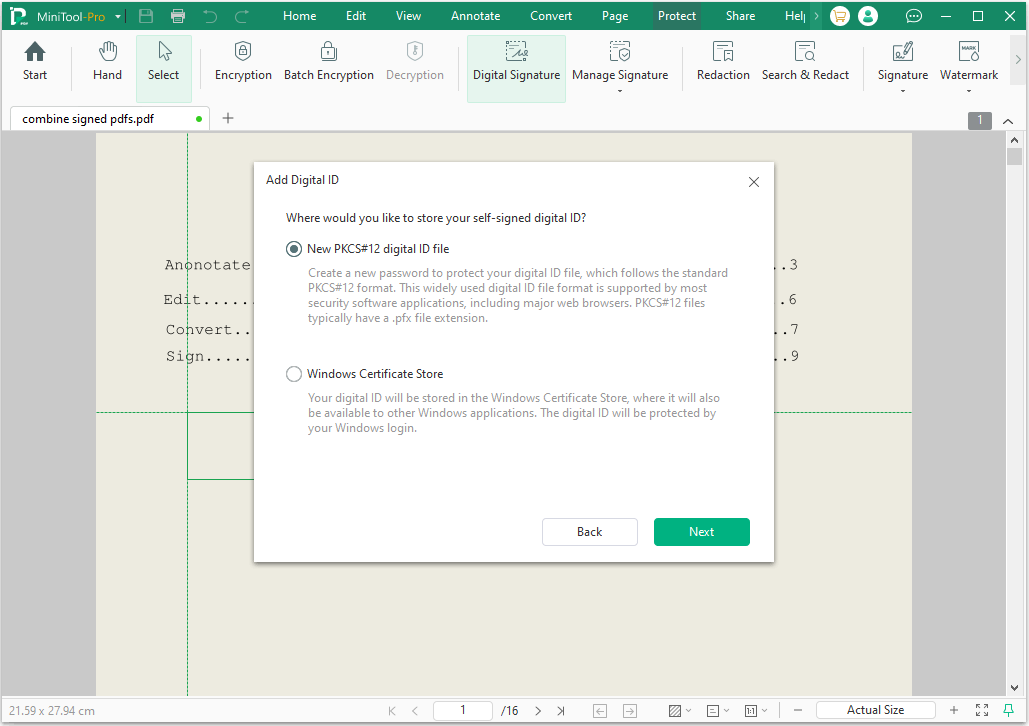 The Add Digital ID interface to select an option to store a digital ID.