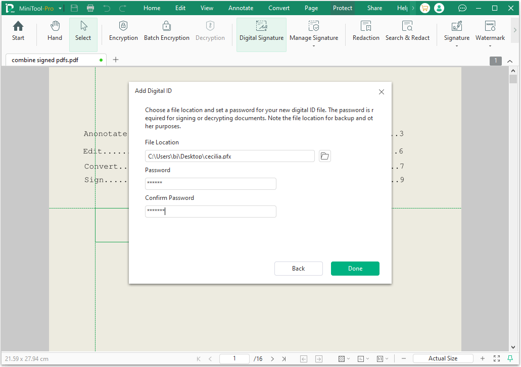 The Add Digital ID interface with the selected Done option.
