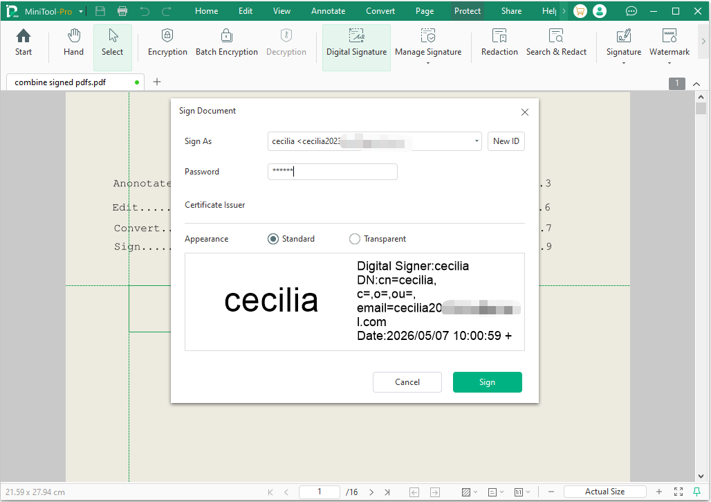 The Sign Document interface with the selected Sign option.