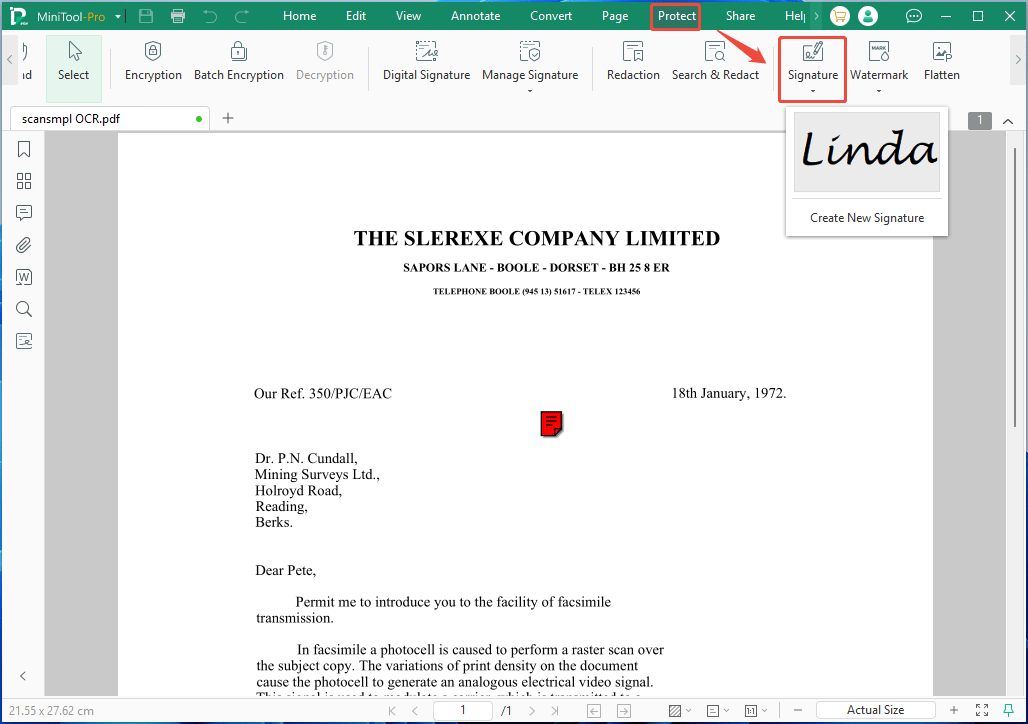MiniTool PDF Editor interface with the selected signature feature under the Protect tab.