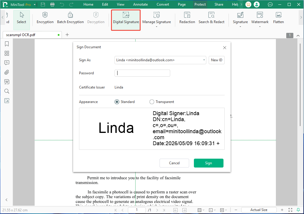 MiniTool PDF Editor interface with the Sign Document window.