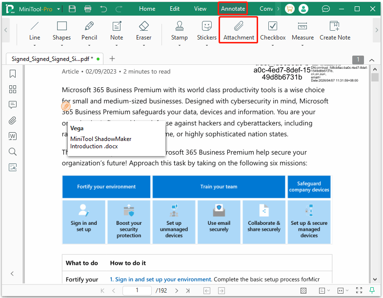 The MiniTool PDF Editor interface with the Annotate and Attachment options selected.