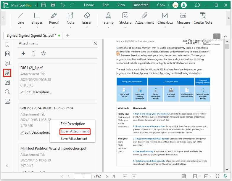 The MiniTool PDF Editor interface with the Attachment icon and the Open Attachment option selected.