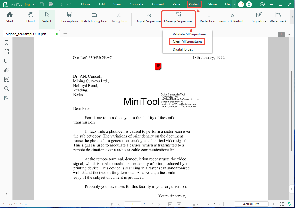 MiniTool PDF Editor interface with the selected Clear All Signatures option.