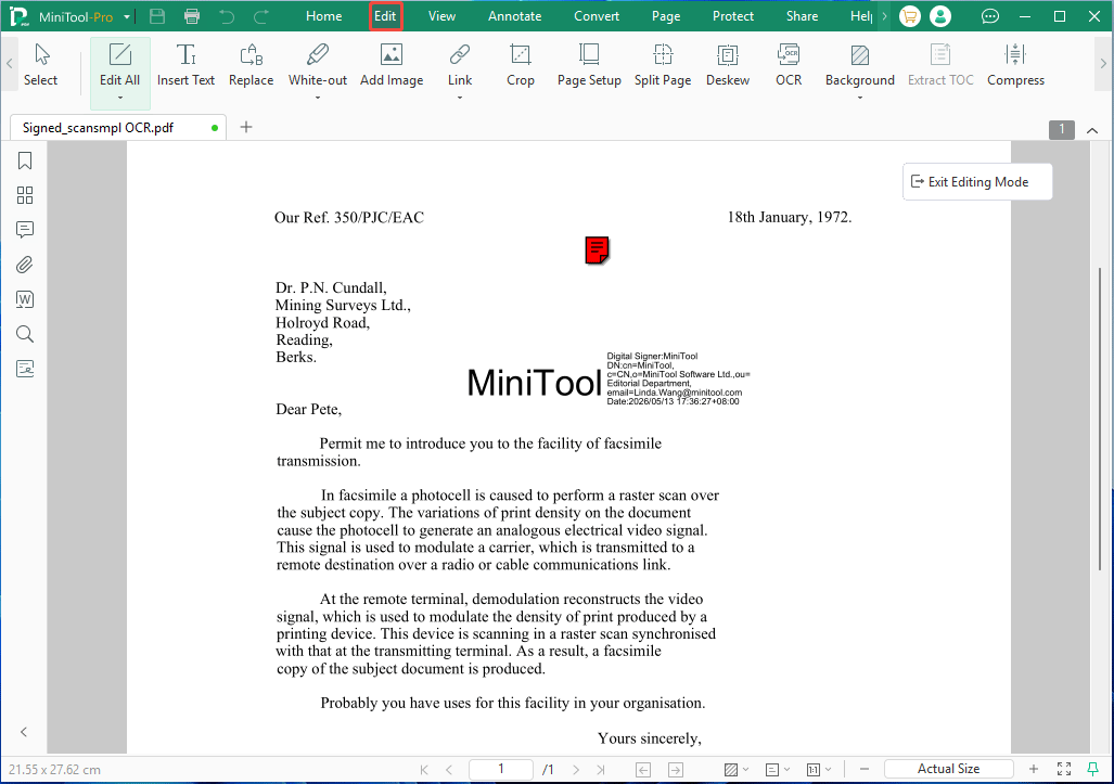 MiniTool PDF Editor interface with the selected Edit tab.