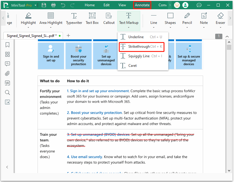 The MiniTool PDF Editor interface with the Annotate and Strikethrough option selected.