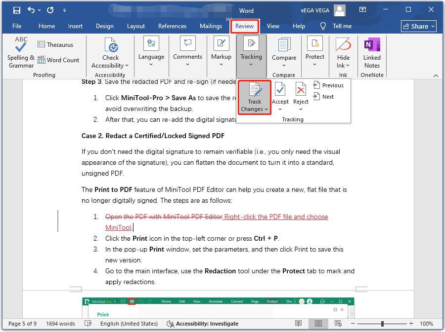 The Microsoft Word interface with the Review and Track Changes option selected.