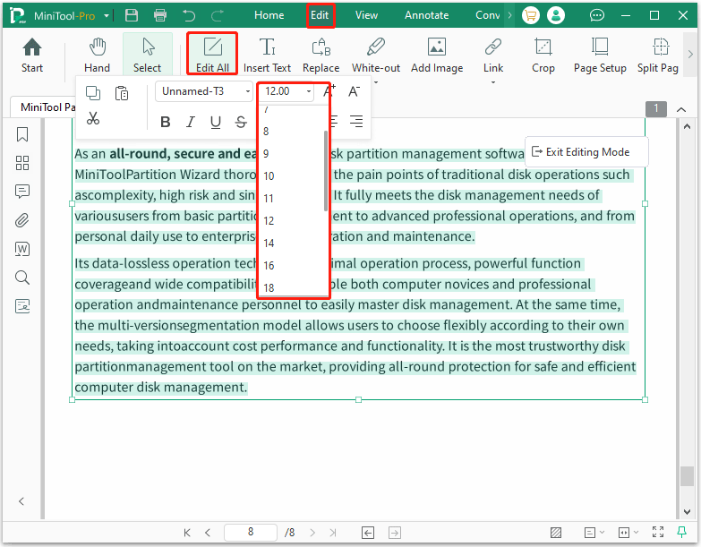 The MiniTool PDF Editor interface with the Edit, Edit All, and font size options selected.